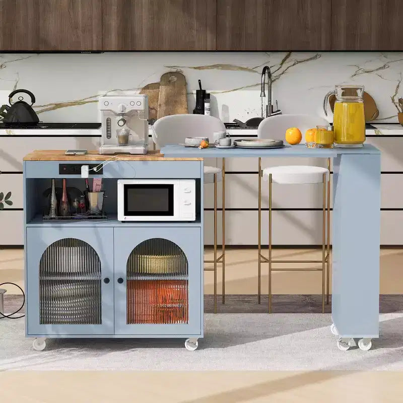 White Rolling Kitchen Island on Wheels with Extended Table Storage Compartment and Side 3 Open Shelves for Kitchen Dining Room