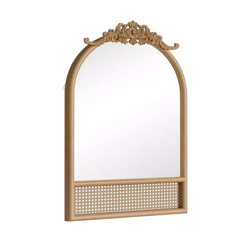 Natural Wood Base Woven Rattan Carved Arch Wall Mirror