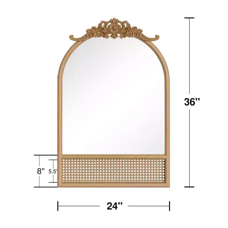 Natural Wood Base Woven Rattan Carved Arch Wall Mirror