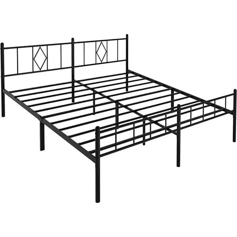 King Size Metal Platform Bed Frame, 14 Inches High with Wrought Iron Headboard and Underbed Storage