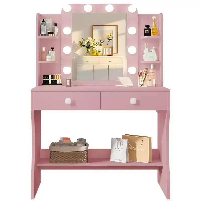 Small Vanity Desk with Power Outlet, 3 Lighting Modes & 10 LED Bulbs