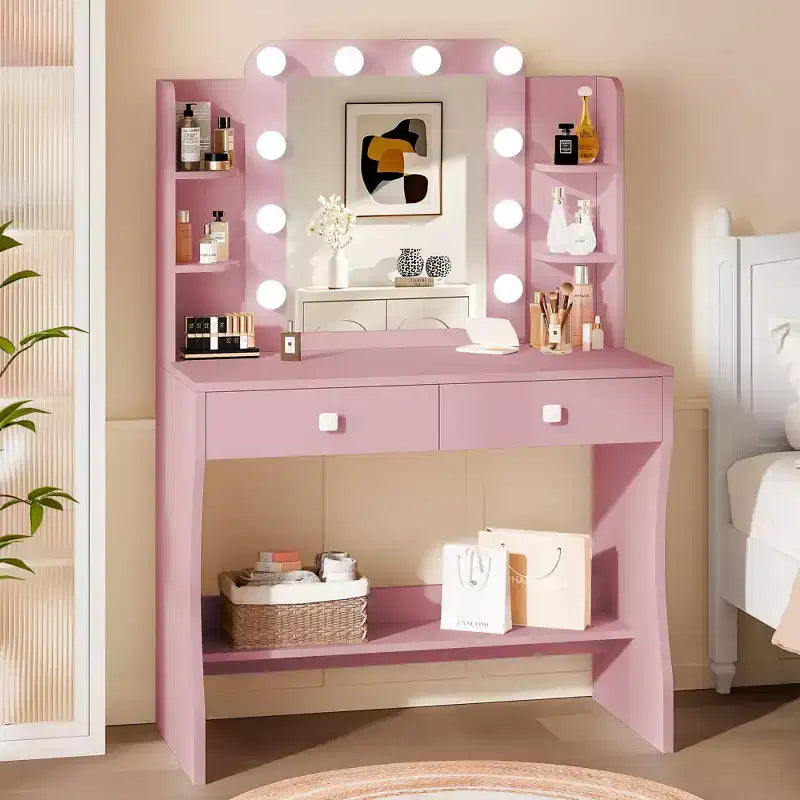 Small Vanity Desk with Power Outlet, 3 Lighting Modes & 10 LED Bulbs