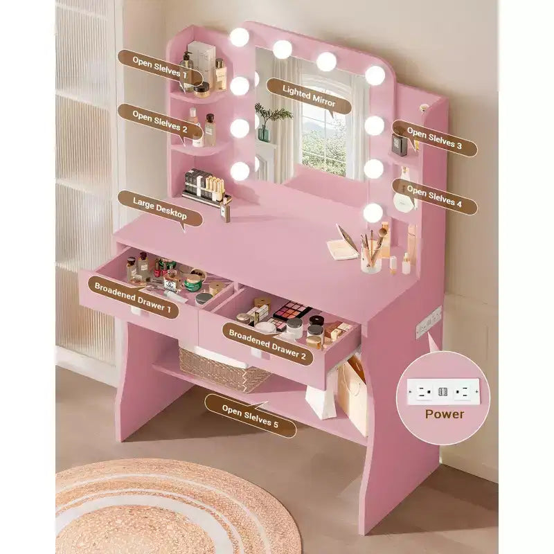 Small Vanity Desk with Power Outlet, 3 Lighting Modes & 10 LED Bulbs