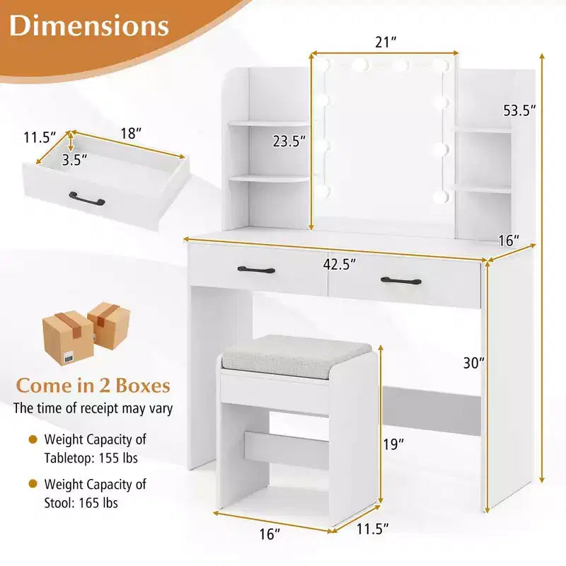 Makeup Vanity Desk with Lighted Mirror, Charging Station & 3-Color Dimmable LED Lights, White/Black