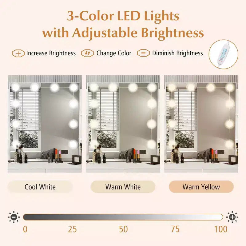 Makeup Vanity Desk with Lighted Mirror, Charging Station & 3-Color Dimmable LED Lights, White/Black