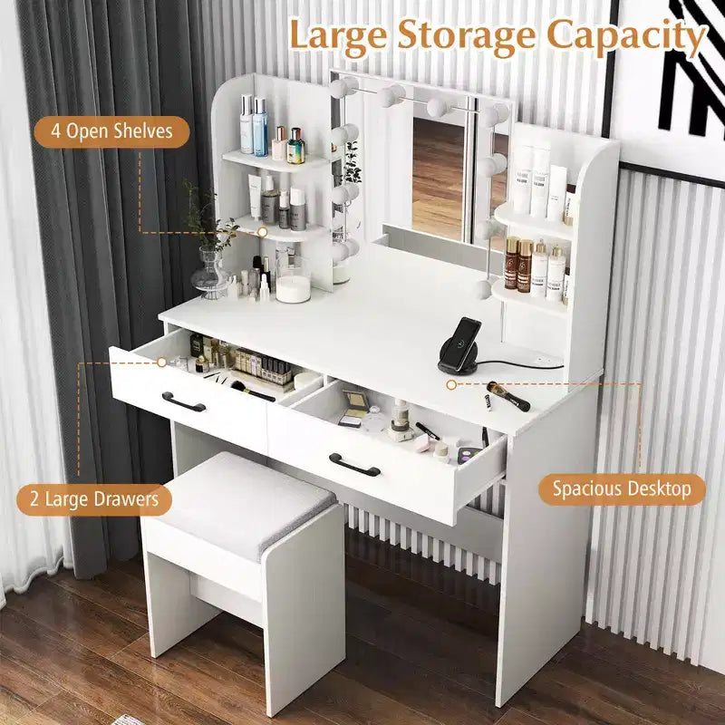 Makeup Vanity Desk with Lighted Mirror, Charging Station & 3-Color Dimmable LED Lights, White/Black