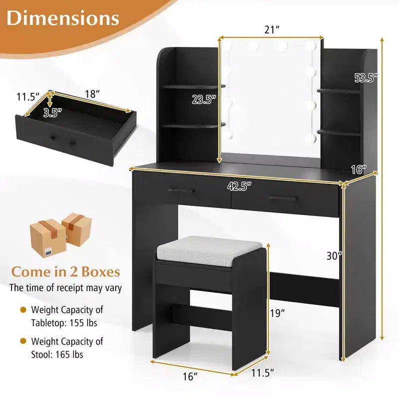 Makeup Vanity Desk with Lighted Mirror, Charging Station & 3-Color Dimmable LED Lights, White/Black