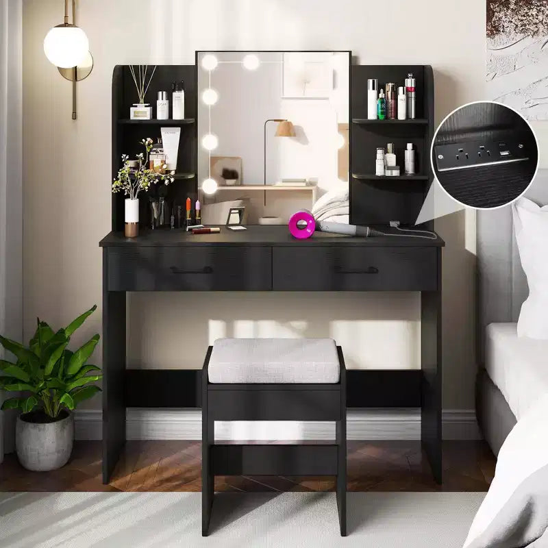 Makeup Vanity Desk with Lighted Mirror, Charging Station & 3-Color Dimmable LED Lights, White/Black