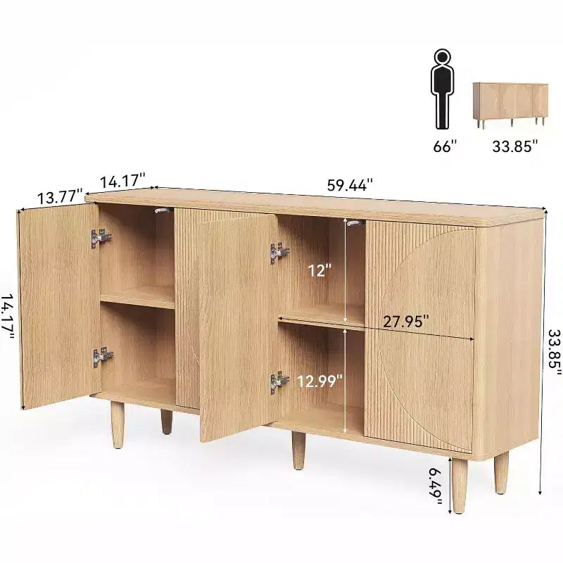 59" Oak Sideboard Buffet Cabinet, Modern Storage Credenza with Doors for Dining & Living Room, Light Oak