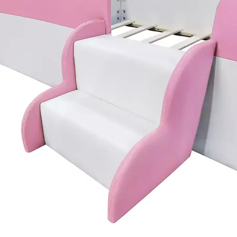 Twin/Full/Queen Size Floor Daybed Frame with Fence and Stairs, PU Upholstered Floor Bedframe for Girls & Boys