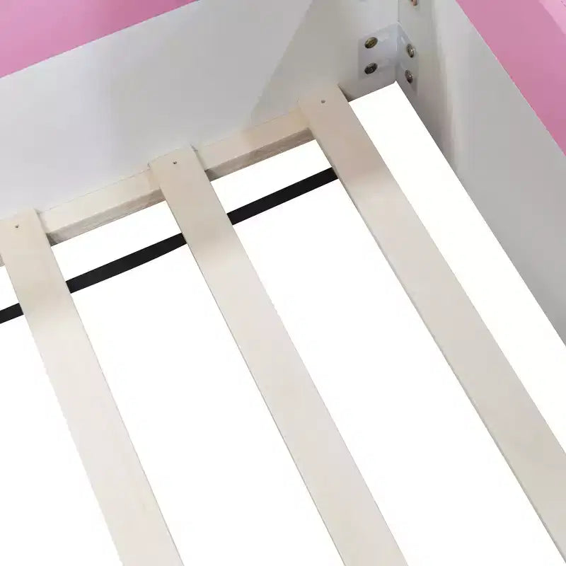 Twin/Full/Queen Size Floor Daybed Frame with Fence and Stairs, PU Upholstered Floor Bedframe for Girls & Boys
