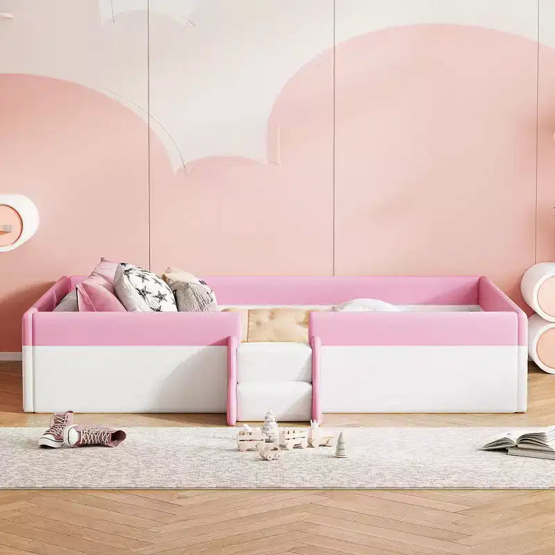Twin/Full/Queen Size Floor Daybed Frame with Fence and Stairs, PU Upholstered Floor Bedframe for Girls & Boys
