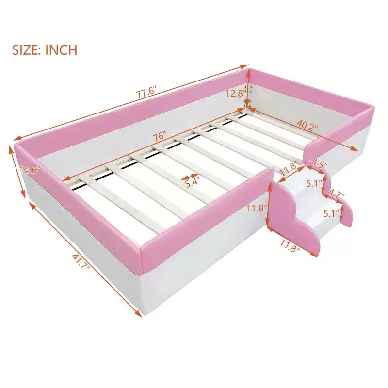 Twin/Full/Queen Size Floor Daybed Frame with Fence and Stairs, PU Upholstered Floor Bedframe for Girls & Boys