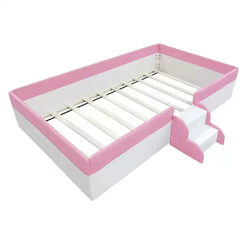 Twin/Full/Queen Size Floor Daybed Frame with Fence and Stairs, PU Upholstered Floor Bedframe for Girls & Boys