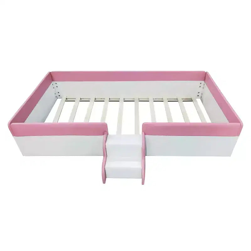 Twin/Full/Queen Size Floor Daybed Frame with Fence and Stairs, PU Upholstered Floor Bedframe for Girls & Boys