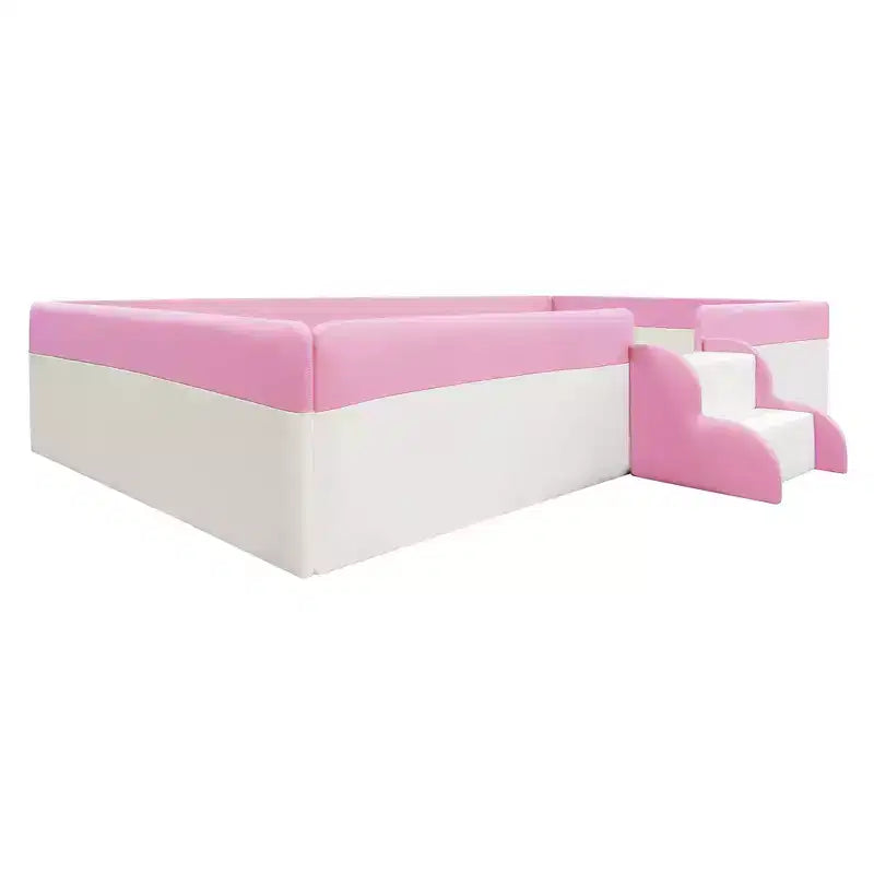 Twin/Full/Queen Size Floor Daybed Frame with Fence and Stairs, PU Upholstered Floor Bedframe for Girls & Boys