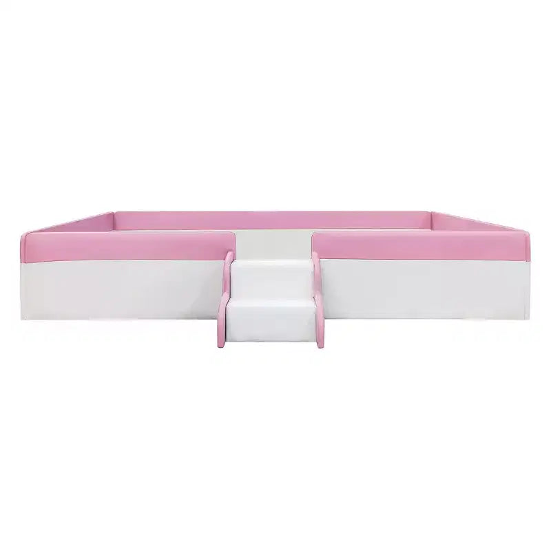 Twin/Full/Queen Size Floor Daybed Frame with Fence and Stairs, PU Upholstered Floor Bedframe for Girls & Boys