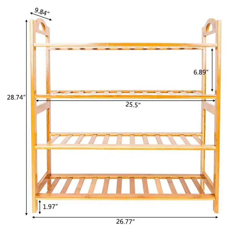 4-Tier Bamboo Shoe Rack, 12-Batten Design, Holds 16 Pairs, Wood Color