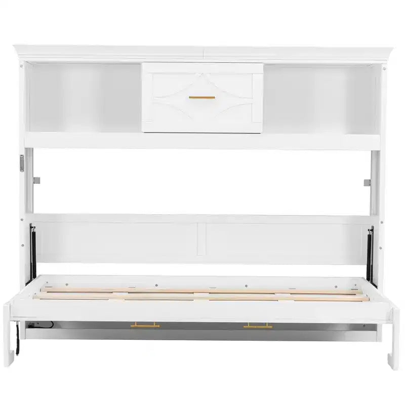 Twin Size Murphy Bed with Storage Shelves, Wooden Twin Cabinet Bed Wall Bed with Charging Station and Drawer, Folding Wall Chest Bed for Guest Room