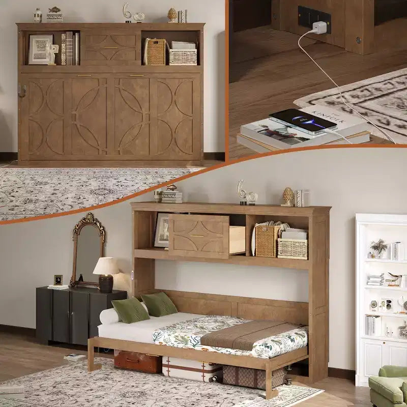 Twin Size Murphy Bed with Storage Shelves, Wooden Twin Cabinet Bed Wall Bed with Charging Station and Drawer, Folding Wall Chest Bed for Guest Room