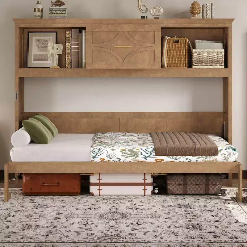 Twin Size Murphy Bed with Storage Shelves, Wooden Twin Cabinet Bed Wall Bed with Charging Station and Drawer, Folding Wall Chest Bed for Guest Room