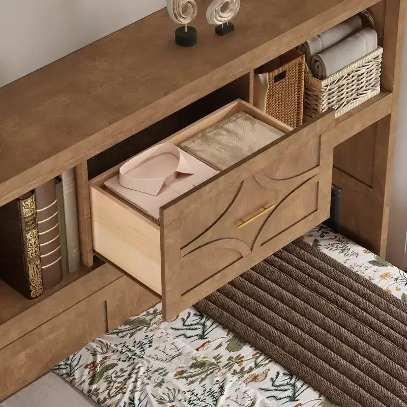 Twin Size Murphy Bed with Storage Shelves, Wooden Twin Cabinet Bed Wall Bed with Charging Station and Drawer, Folding Wall Chest Bed for Guest Room