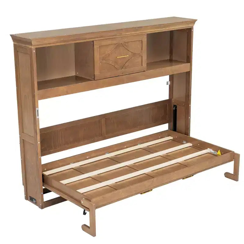 Twin Size Murphy Bed with Storage Shelves, Wooden Twin Cabinet Bed Wall Bed with Charging Station and Drawer, Folding Wall Chest Bed for Guest Room