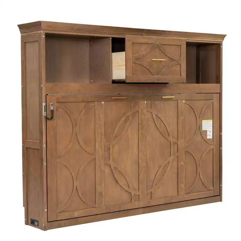 Twin Size Murphy Bed with Storage Shelves, Wooden Twin Cabinet Bed Wall Bed with Charging Station and Drawer, Folding Wall Chest Bed for Guest Room