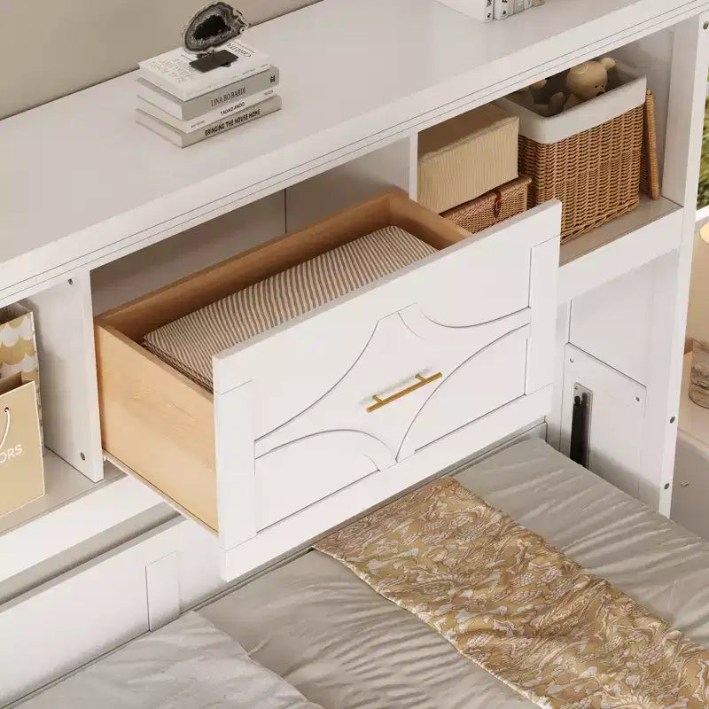 Twin Size Murphy Bed with Storage Shelves, Wooden Twin Cabinet Bed Wall Bed with Charging Station and Drawer, Folding Wall Chest Bed for Guest Room