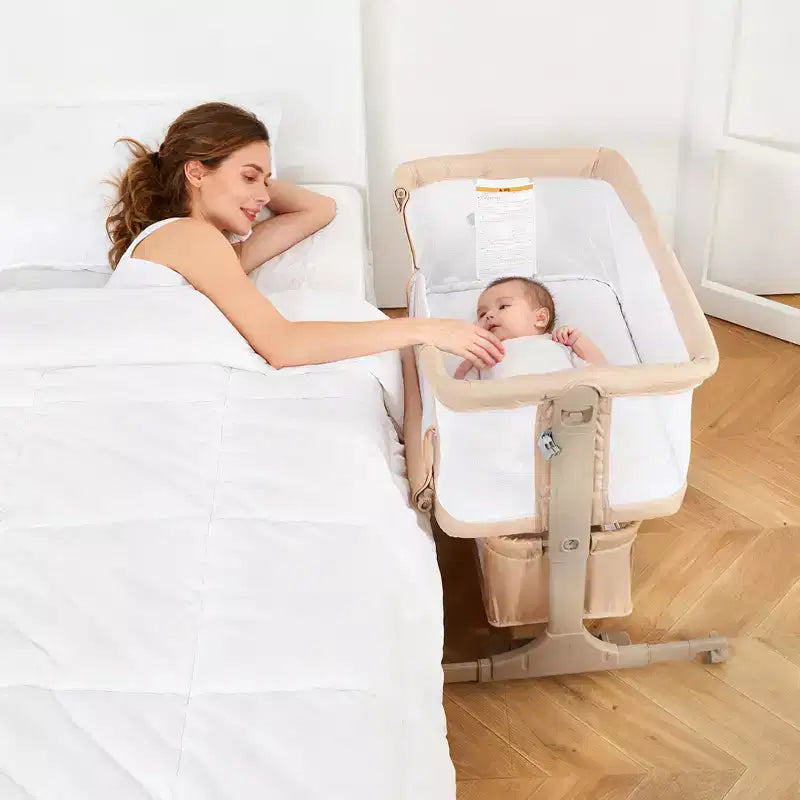 Bedside Bassinet Baby Sleeper, 3-in-1 Co Sleeper Crib with Mosquito Net, Adjustable Height, Wheels and Storage Basket