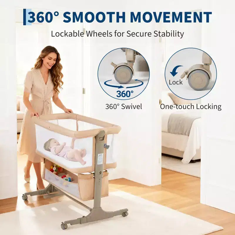 Bedside Bassinet Baby Sleeper, 3-in-1 Co Sleeper Crib with Mosquito Net, Adjustable Height, Wheels and Storage Basket