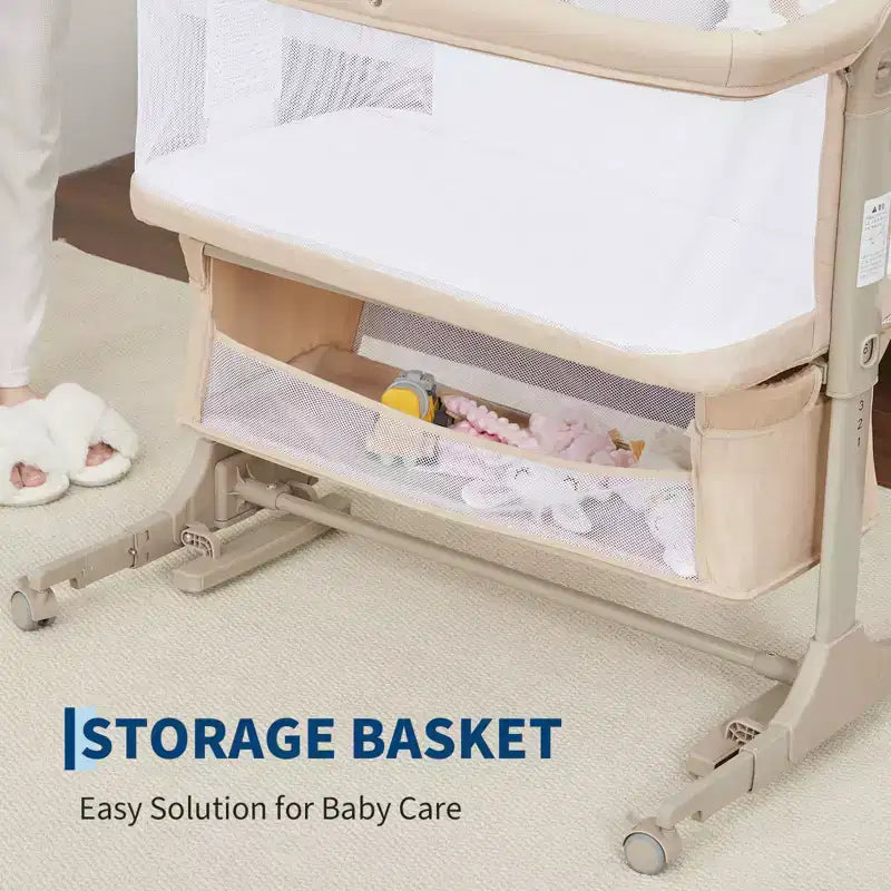 Bedside Bassinet Baby Sleeper, 3-in-1 Co Sleeper Crib with Mosquito Net, Adjustable Height, Wheels and Storage Basket