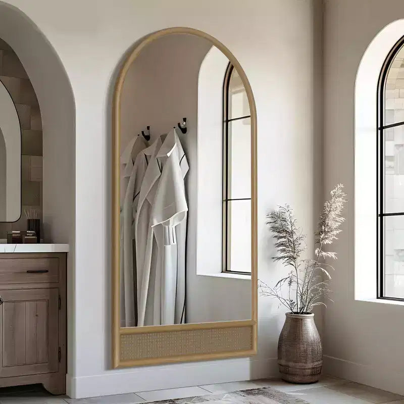 71"x37" Arched Solid Wood Rattan Full-Length Mirror with Thickened Rounded Frame for Bedroom, Entryway & Living Room