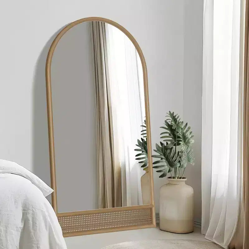 71"x37" Arched Solid Wood Rattan Full-Length Mirror with Thickened Rounded Frame for Bedroom, Entryway & Living Room