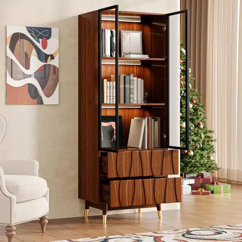23.6" Walnut Brown 3-Tier Glass Display Cabinet with Drawers, Mid-Century Modern Wooden China Cabinet for Home & Office