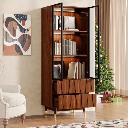 23.6" Walnut Brown 3-Tier Glass Display Cabinet with Drawers, Mid-Century Modern Wooden China Cabinet for Home & Office