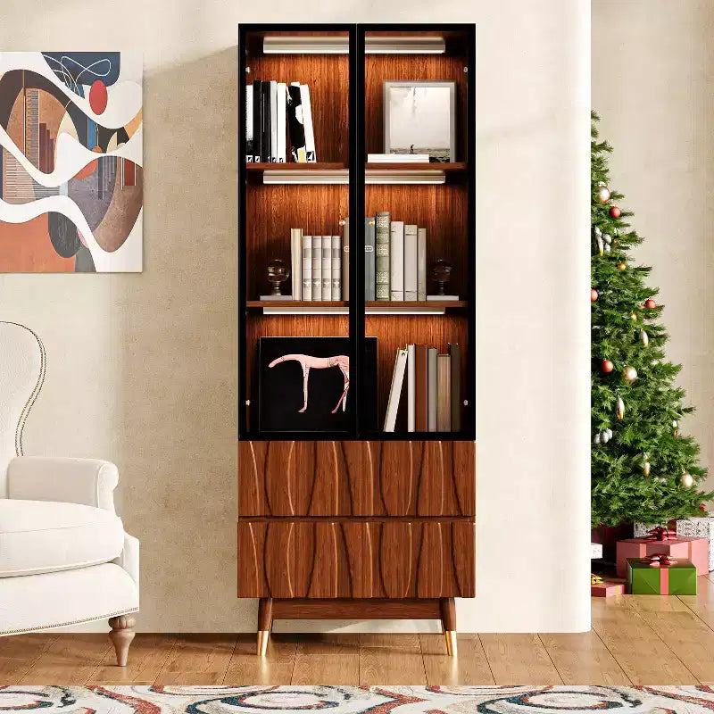 23.6" Walnut Brown 3-Tier Glass Display Cabinet with Drawers, Mid-Century Modern Wooden China Cabinet for Home & Office
