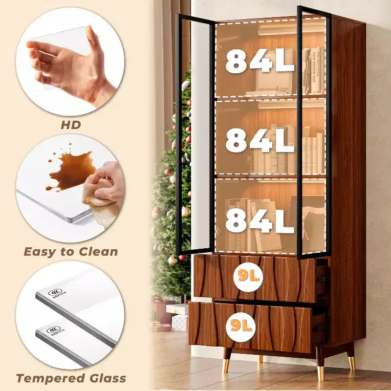 23.6" Walnut Brown 3-Tier Glass Display Cabinet with Drawers, Mid-Century Modern Wooden China Cabinet for Home & Office