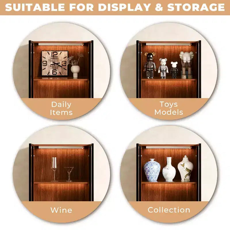 23.6" Walnut Brown 3-Tier Glass Display Cabinet with Drawers, Mid-Century Modern Wooden China Cabinet for Home & Office