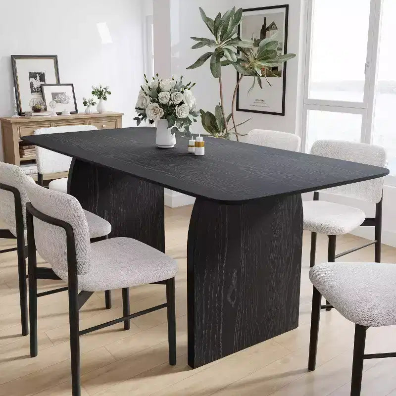 67"x33.5" Farmhouse Dining Table, Solid Wood with Arched Legs & Black Wood Top for Dining Room & Kitchen