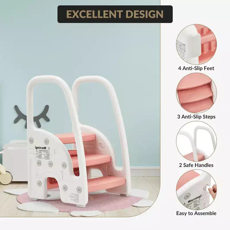 Toddler Step Stool for Independence - 3-Step Learning Stool with Handles & Non-Slip Pads for Sink, Toilet & Kitchen, Easy-Clean Plastic (Pink)