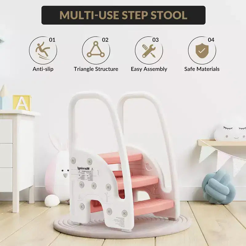 Toddler Step Stool for Independence - 3-Step Learning Stool with Handles & Non-Slip Pads for Sink, Toilet & Kitchen, Easy-Clean Plastic (Pink)