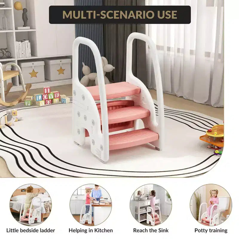 Toddler Step Stool for Independence - 3-Step Learning Stool with Handles & Non-Slip Pads for Sink, Toilet & Kitchen, Easy-Clean Plastic (Pink)