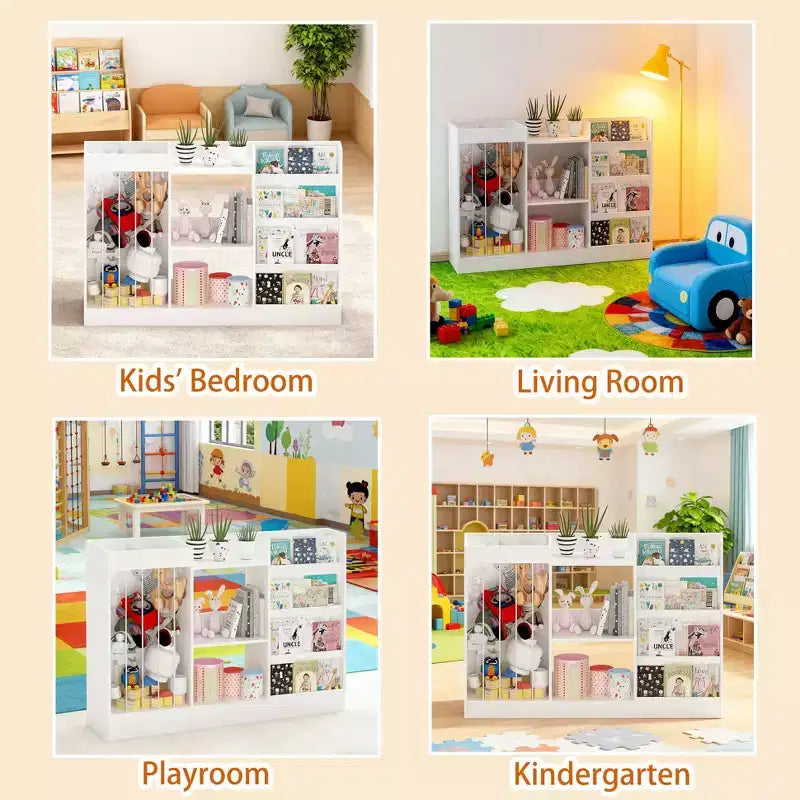 Kids Bookshelf and Toy Storage Organizer, Front-Facing 4-Tier Book Display with 3-Tier Toy Shelf and Stuffed Animal Storage, White
