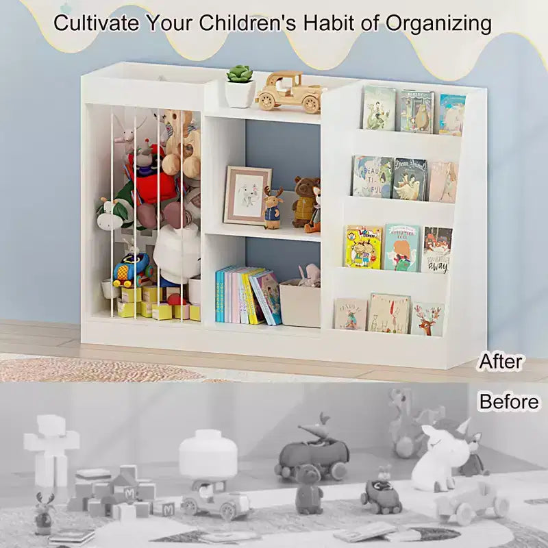 Kids Bookshelf and Toy Storage Organizer, Front-Facing 4-Tier Book Display with 3-Tier Toy Shelf and Stuffed Animal Storage, White
