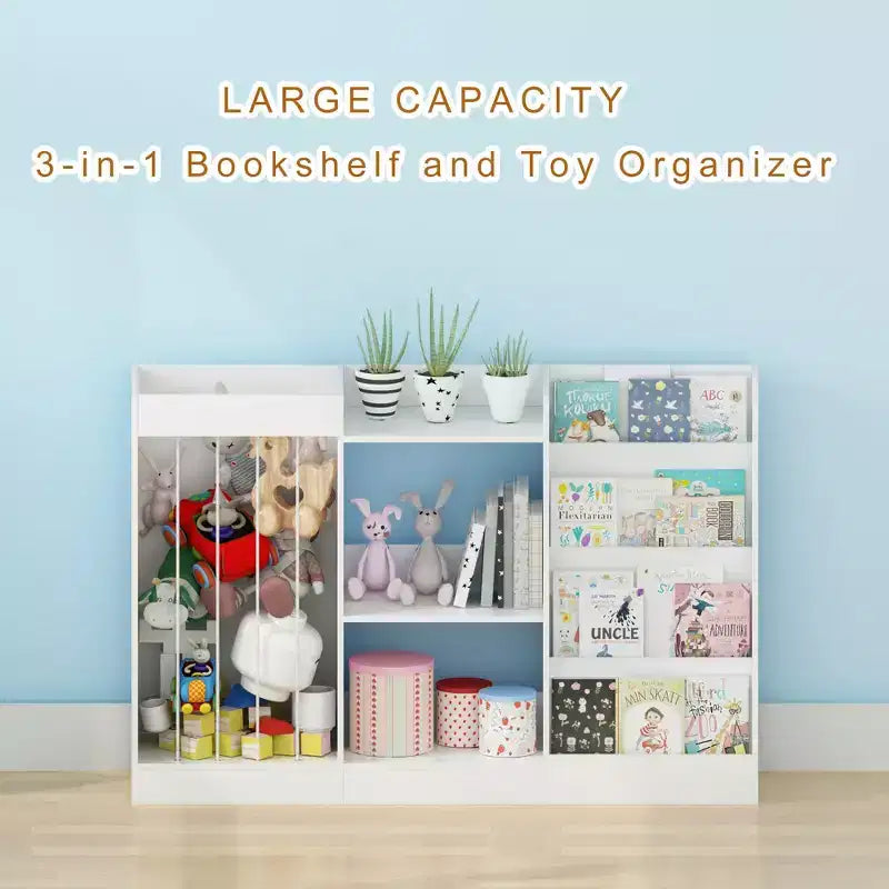 Kids Bookshelf and Toy Storage Organizer, Front-Facing 4-Tier Book Display with 3-Tier Toy Shelf and Stuffed Animal Storage, White