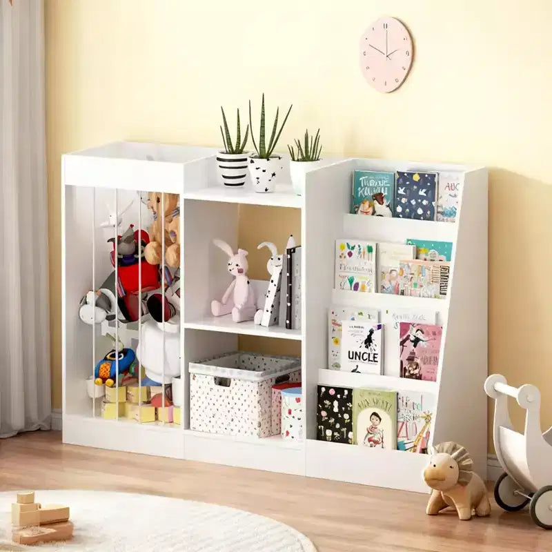 Kids Bookshelf and Toy Storage Organizer, Front-Facing 4-Tier Book Display with 3-Tier Toy Shelf and Stuffed Animal Storage, White