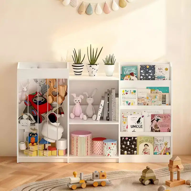 Kids Bookshelf and Toy Storage Organizer, Front-Facing 4-Tier Book Display with 3-Tier Toy Shelf and Stuffed Animal Storage, White