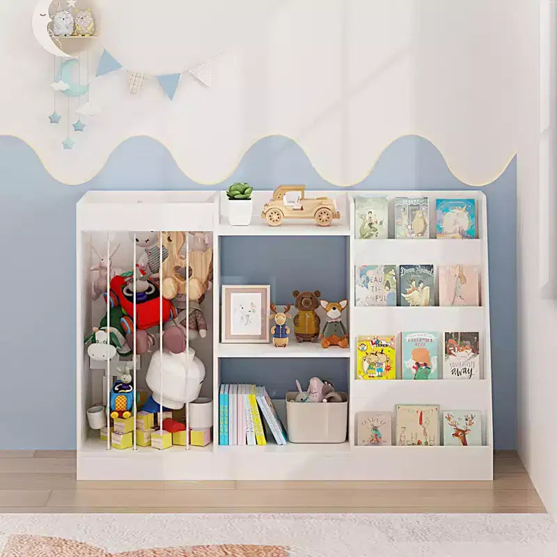 Kids Bookshelf and Toy Storage Organizer, Front-Facing 4-Tier Book Display with 3-Tier Toy Shelf and Stuffed Animal Storage, White