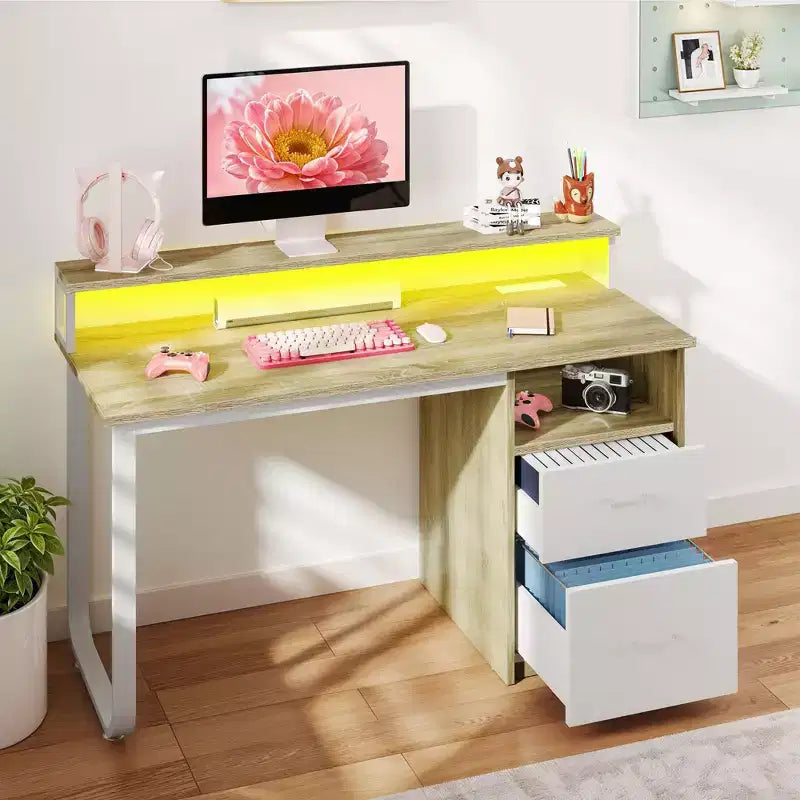 Modern White and Oak Office Desk with Storage Cabinet and Shelves, Gaming Computer Table with LED Light and Charging Station